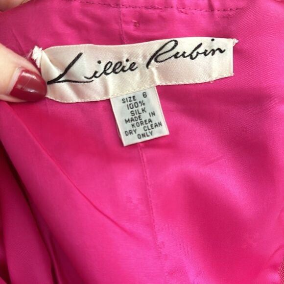 EUC vintage hot Barbie pink Lillie Rubin 100% silk cocktail dress 6 - Picture 8 of 9